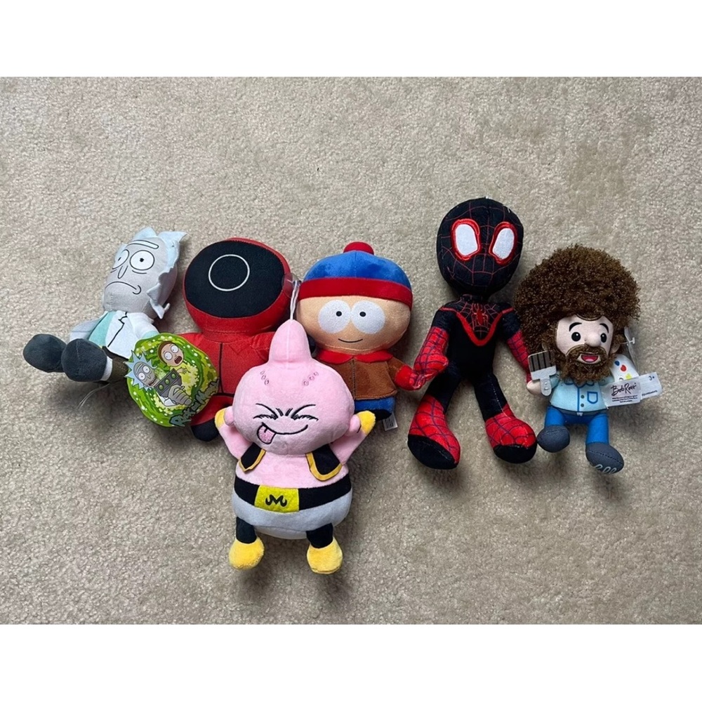 6 Plushie Lot Bob Ross, Rick And Morty, Miles Morales, Dragon Ball Z